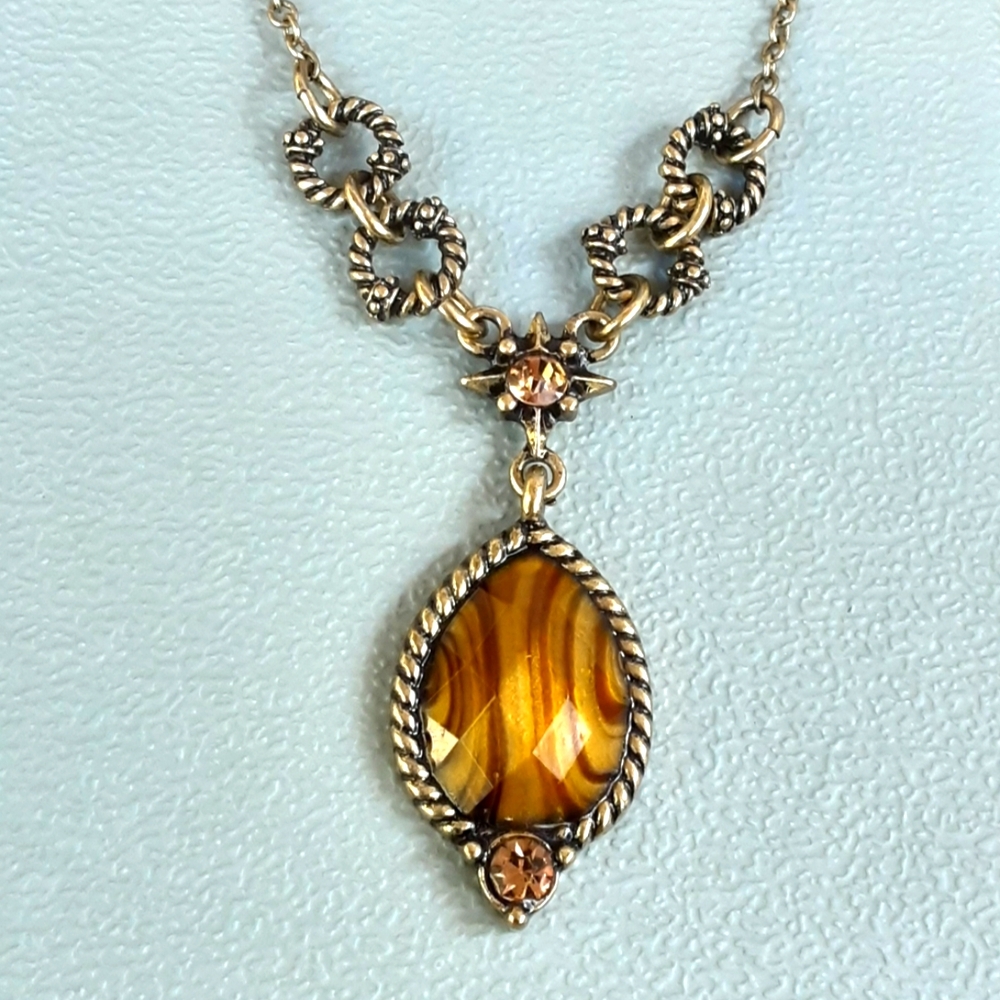 Avon Necklace Faux Tiger Eye Sparkling Amber Rhinestones Goldtone Adjustable